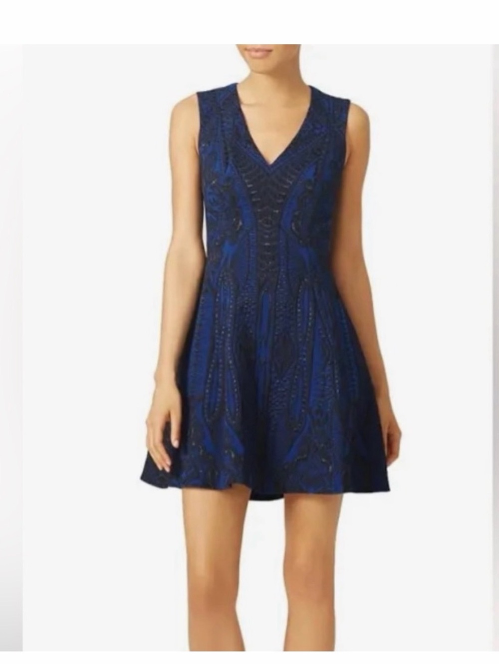 BCBG MAXAZRIA Navy Blue Beaded V-Neck Sleeveless Dress